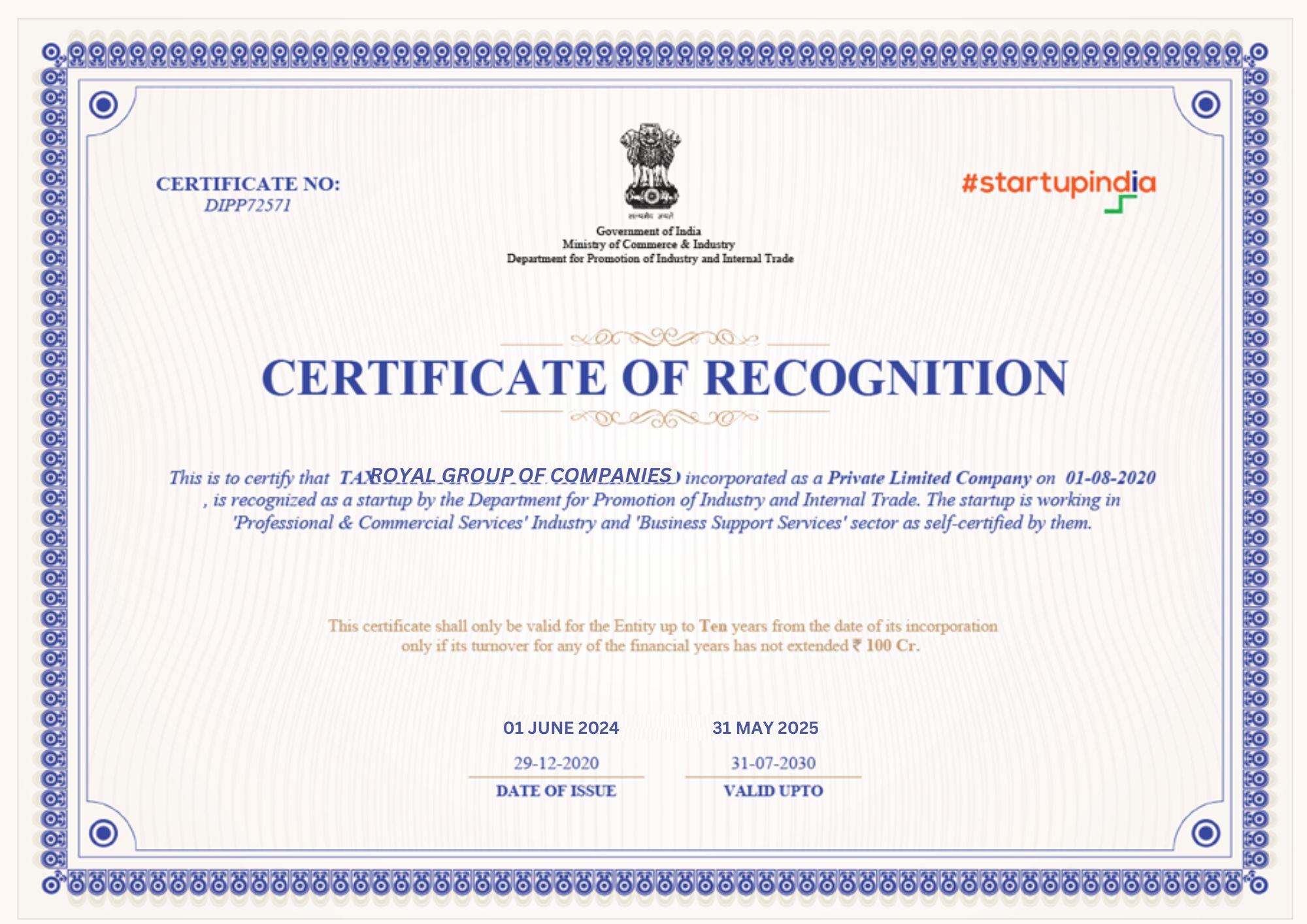 CERTIFICATE OF RECOGNITION ( INCOME TAX)
